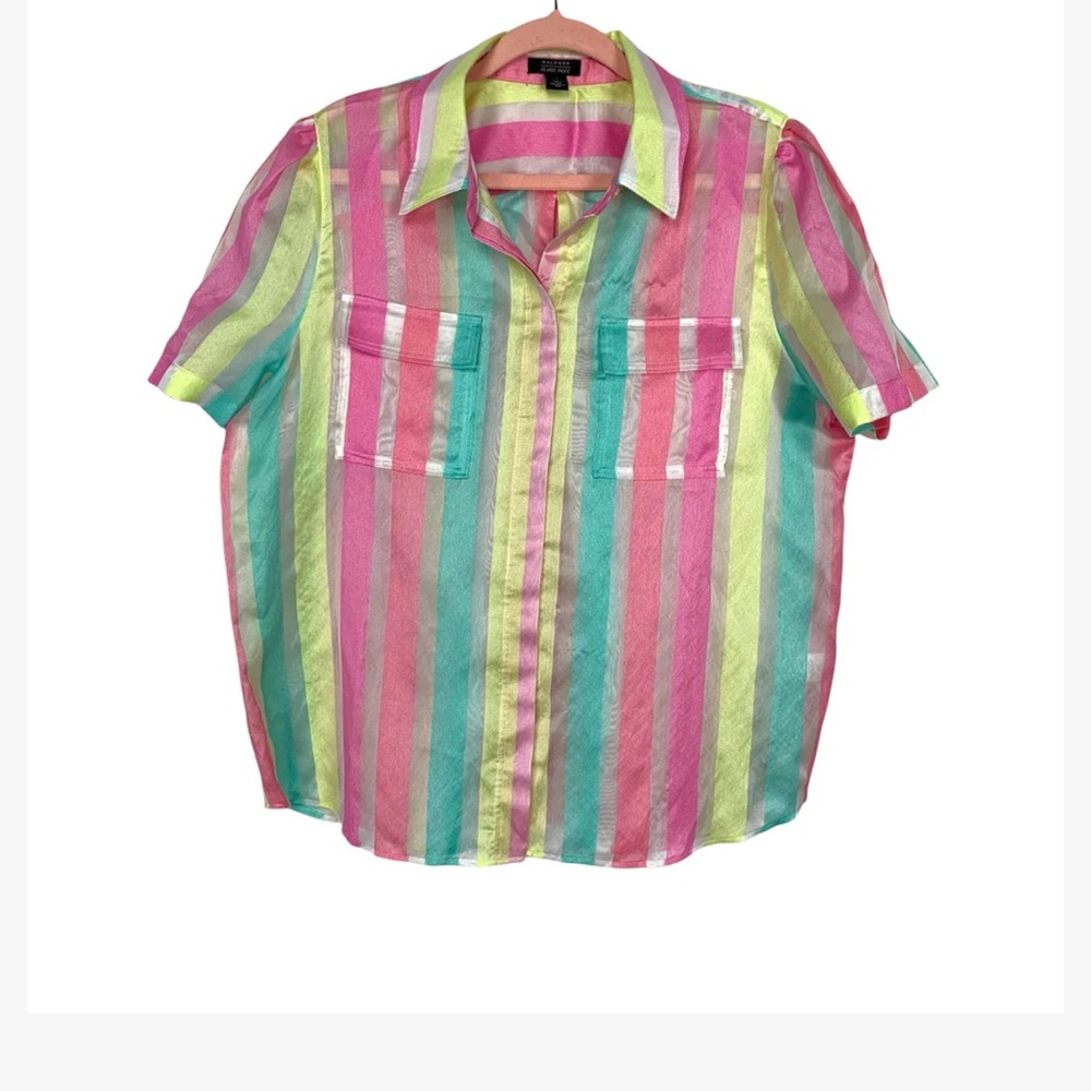 HALOGEN X ATLANTIC PACIFIC HIDDEN BUTTON UP COLOR STRIPED FRONT POCKET S…